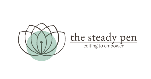 The Steady Pen Logo The Steady Pen logo with text: The Steady Pen, Editing to Empower; to the left of the text are hand drawn outlines of lotus petals overlapping with transparent green circle on top